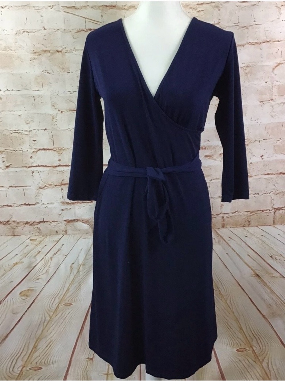 Leota Navy Faux Wrap-Style Crepe Long Sleeve Dress